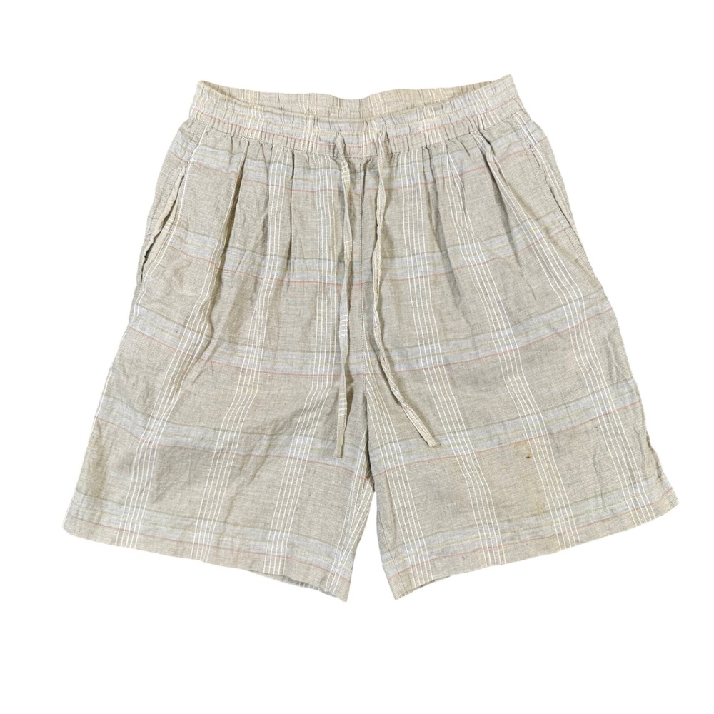 Princeton Club Linen Blend Striped Shorts Beige Elastic Drawstring Womens Small